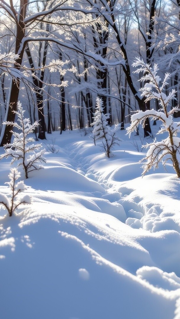 Ślady w śniegu i przebijające światło w zimowym lesie
