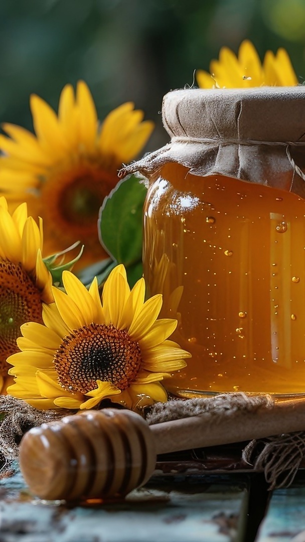 Słoik z miodem obok słoneczników ozdobnych