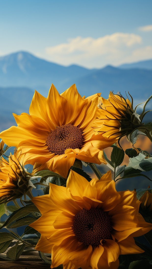 Słoneczniki ozdobne na tle gór