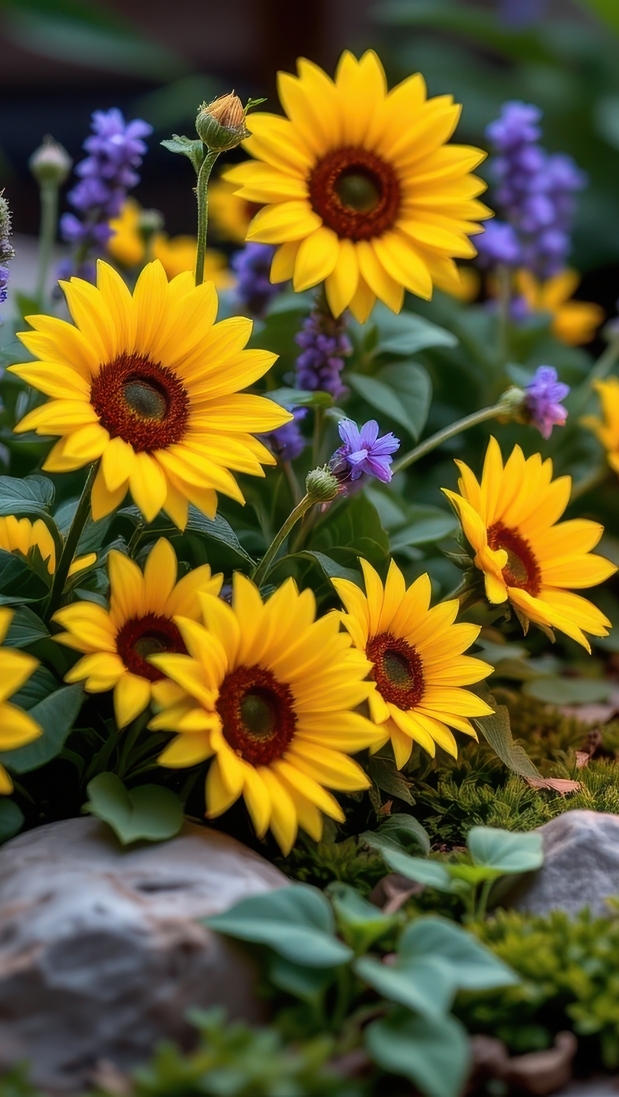 Słoneczniki ozdobne obok kamieni w ogrodzie