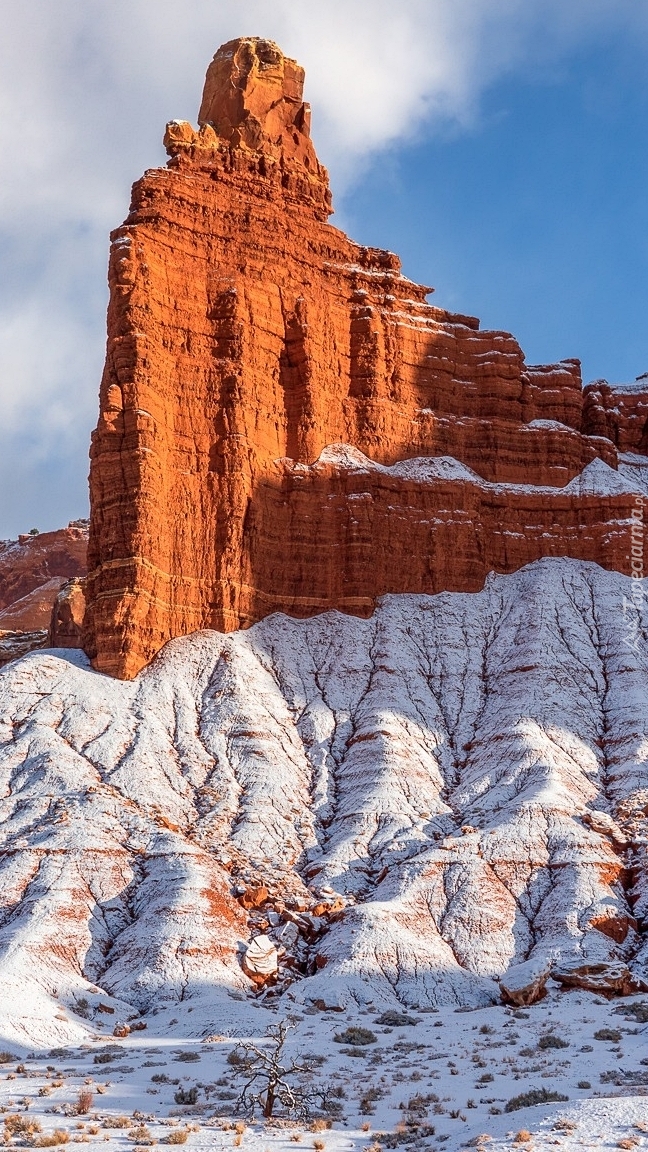 Śnieg na skałach w Parku Narodowym Capitol Reef