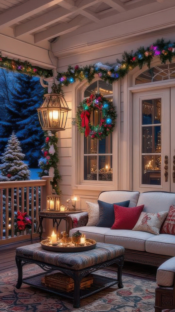 Sofa i stolik oraz świąteczny wieniec i lampion na girlandach na tarasie