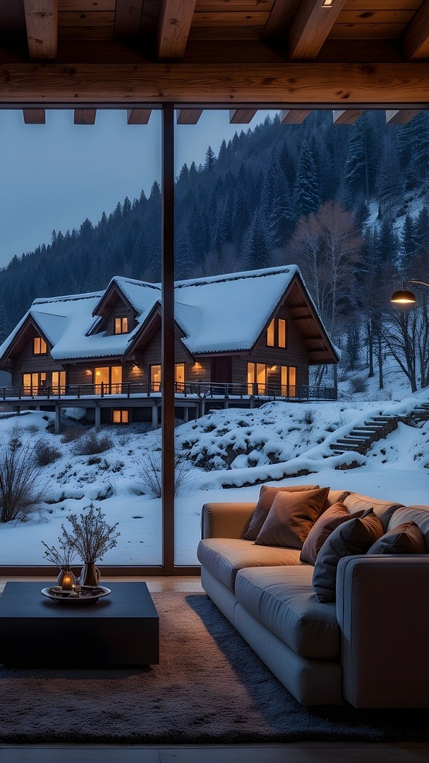 Sofa w salonie przy oknie z widokiem na dom zimową porą