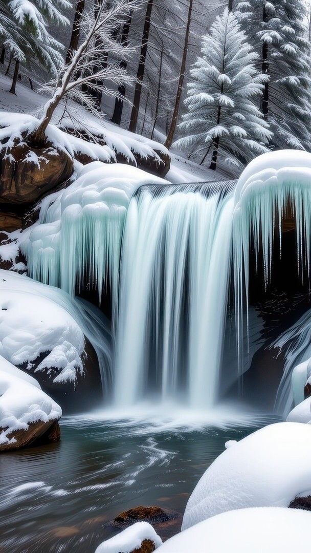 Sople lodu na uskoku na rzece w zimowym lesie