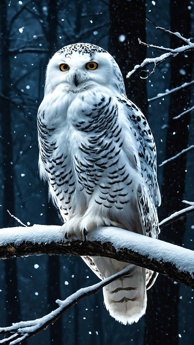 Sowa śnieżna na ośnieżonej gałęzi nocą