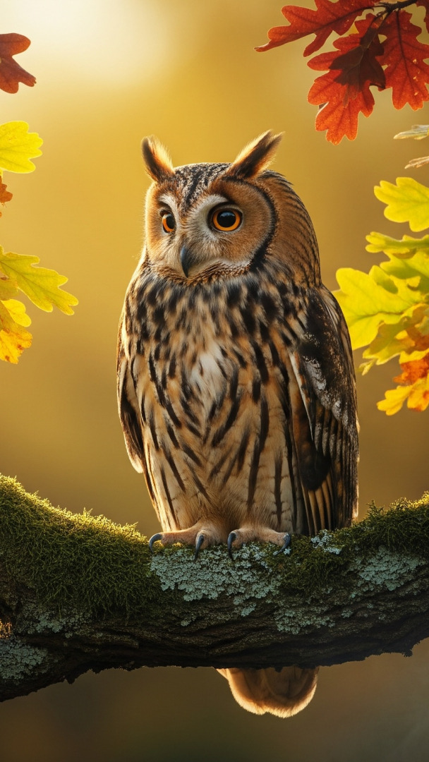 Sowa uszata i rozświetlone liście dębu na gałęzi