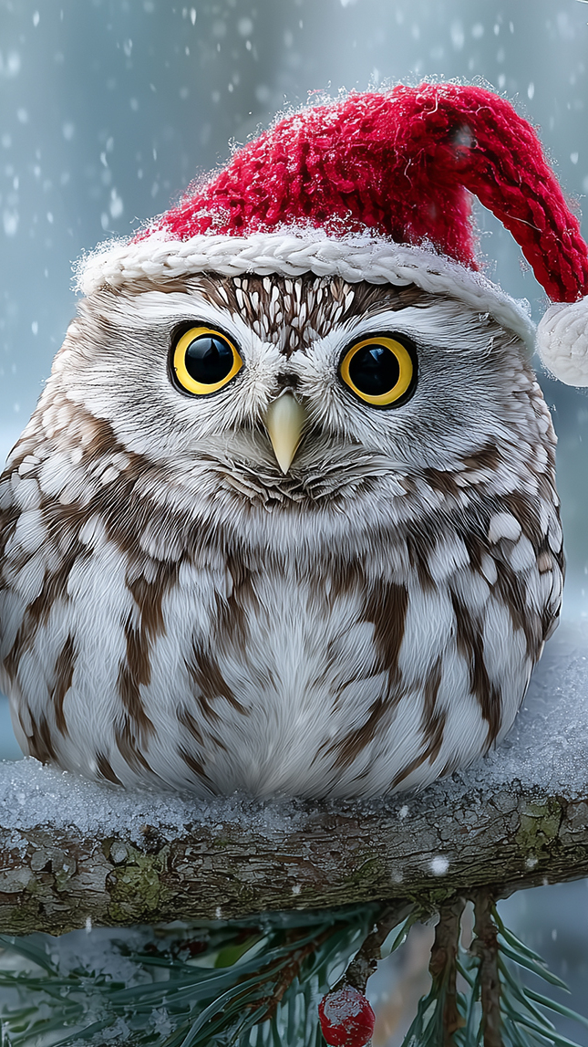 Sowa w biało-czerwonej czapce na ośnieżonej gałązce iglastej