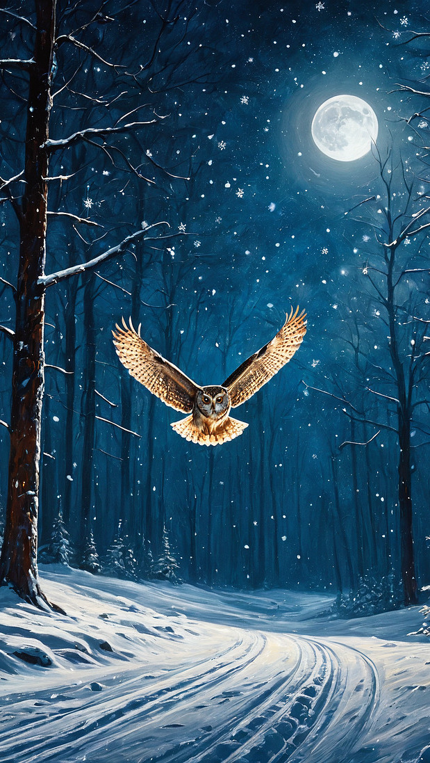 Sowa w locie nad drogą w zimowym lesie w blasku księżyca