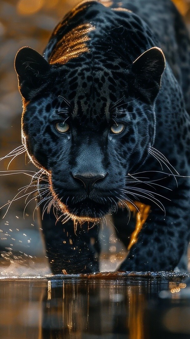 Spojrzenie czarnego lamparta stojącego w wodzie