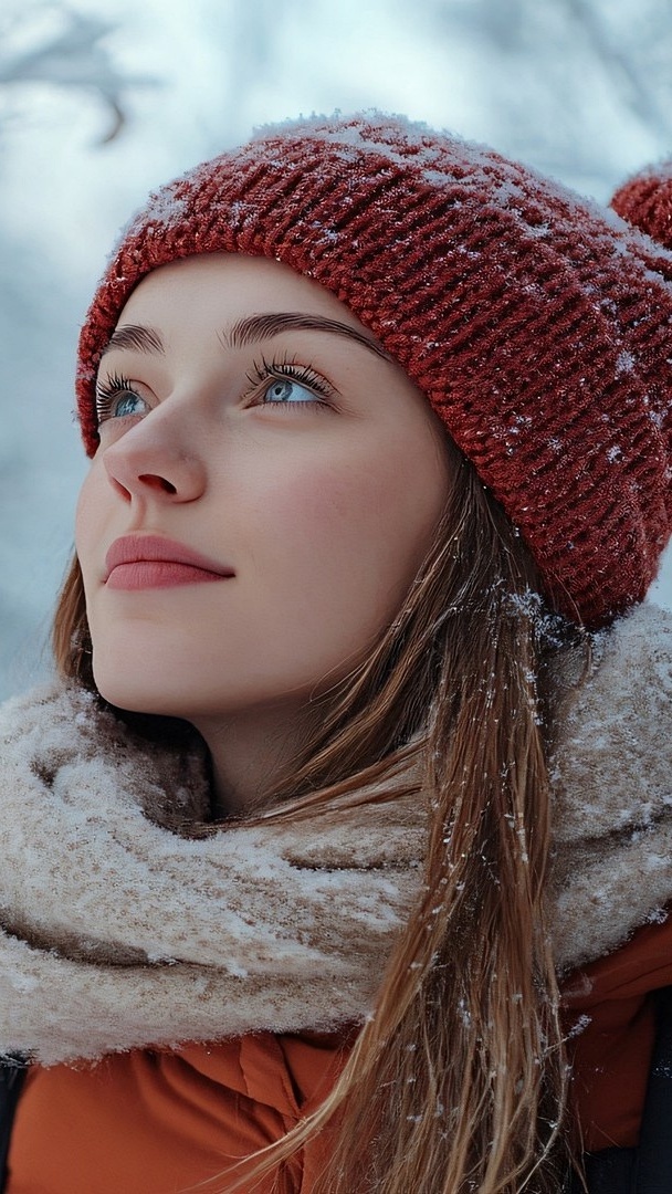 Spojrzenie długowłosej kobiety w ośnieżonej czapce i szaliku