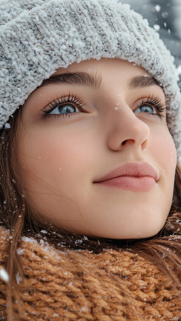 Spojrzenie kobiety w ośnieżonej czapce i szaliku
