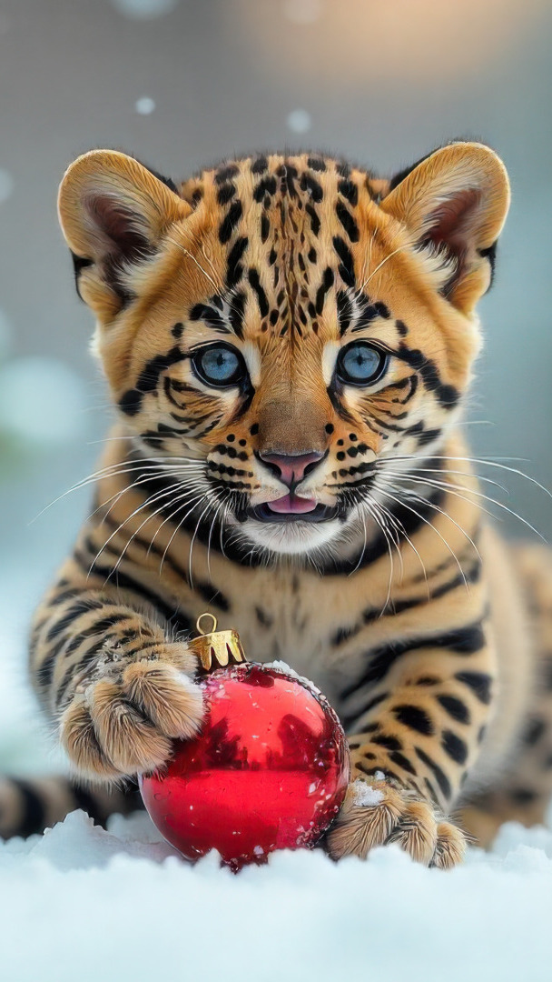 Spojrzenie małego lamparta z czerwoną bombką na śniegu