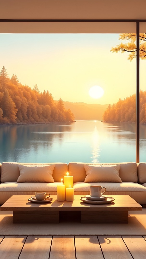 Stolik i kanapa przy oknie z widokiem na jezioro