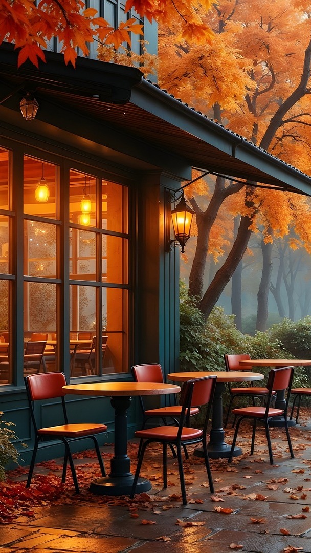 Stoliki i krzesła przed oświetloną restauracją pod jesiennymi drzewami