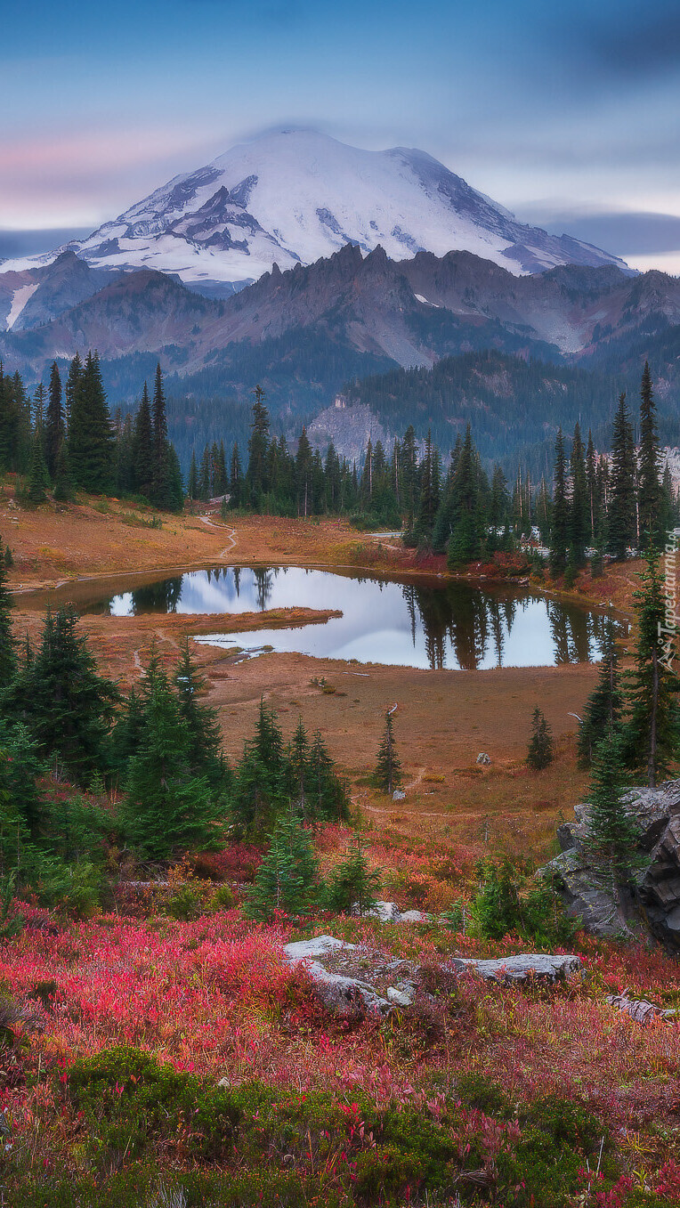 Stratowulkan Mount Rainier i jezioro Tipsoo