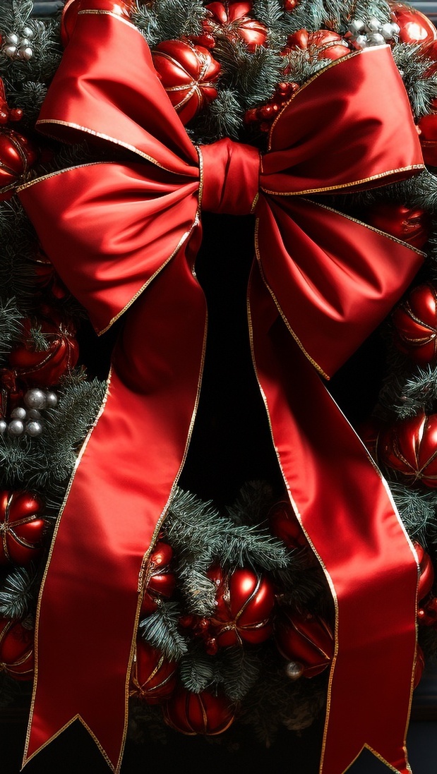 Stroik świąteczny z czerwoną kokardą i bombkami