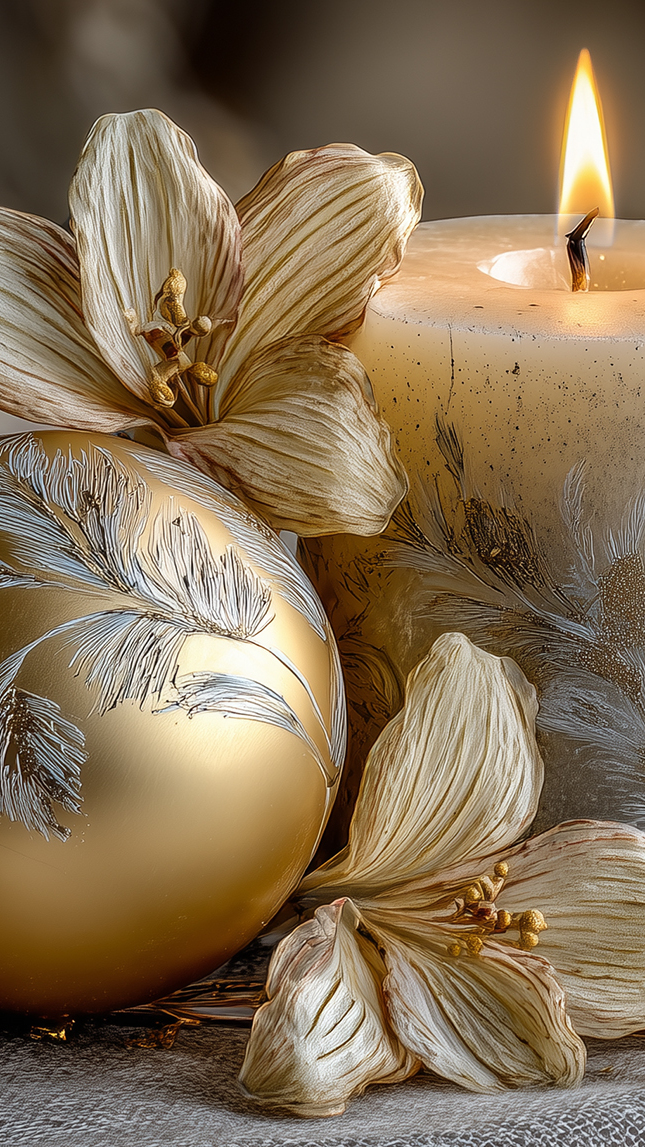 Stroik z zapaloną świecą i kwiatami oraz złotą bombką