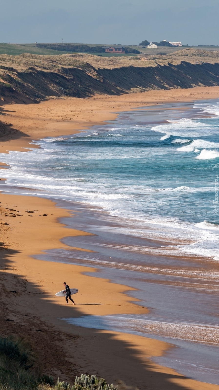 Surfer nad brzegiem morza