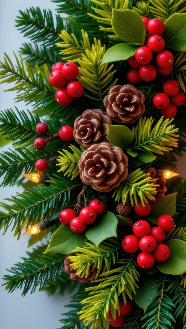 Świąteczny wieniec ozdobiony szyszkami i światełkami oraz jagodami