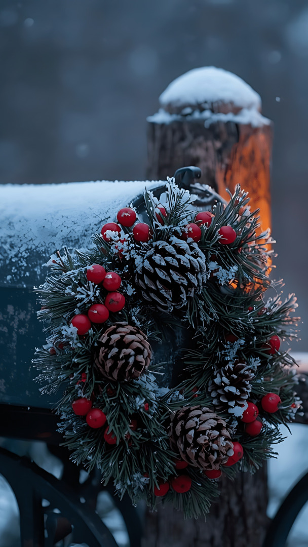 Świąteczny wieniec zawieszony na ośnieżonej skrzynce pocztowej