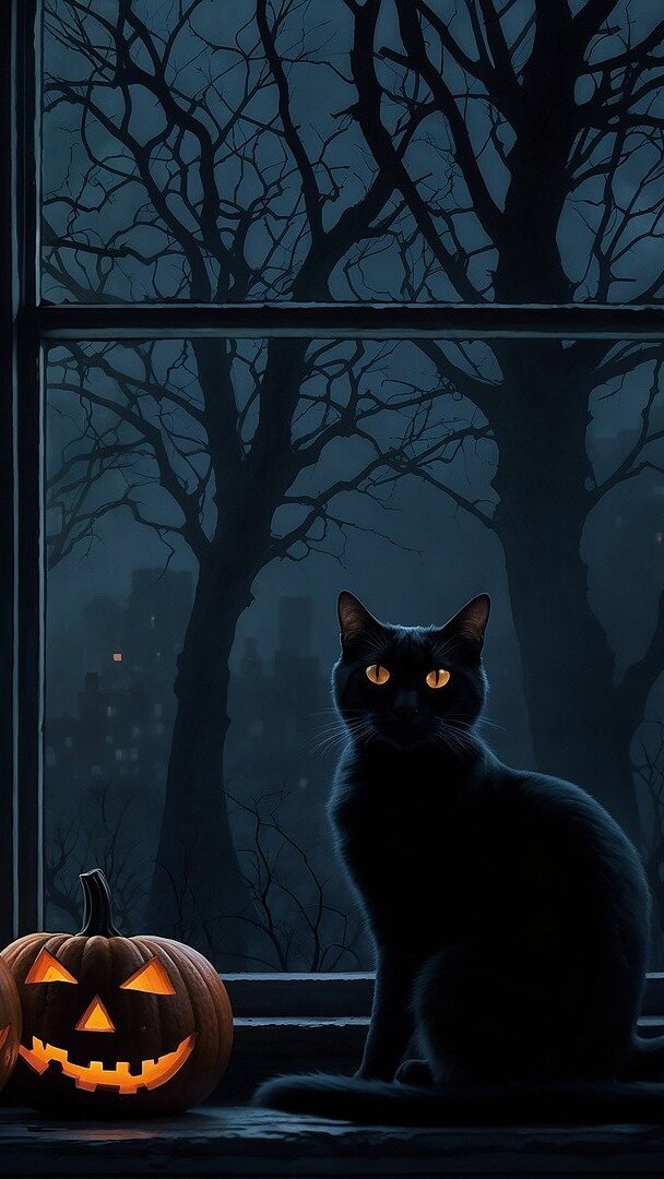 Świecąca dynia i czarny kot na parapecie okna