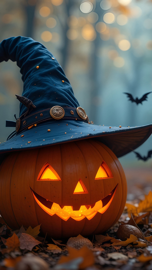 Świecąca dynia w czarnym kapeluszu na opadłych liściach