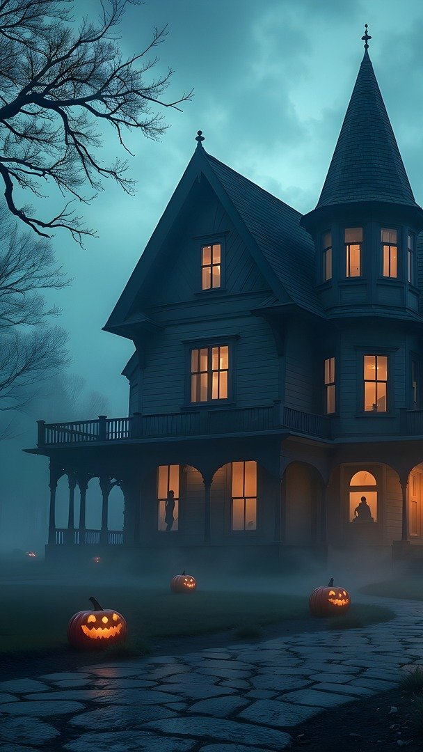 Świecące dynie na trawniku przed oświetlonym domem