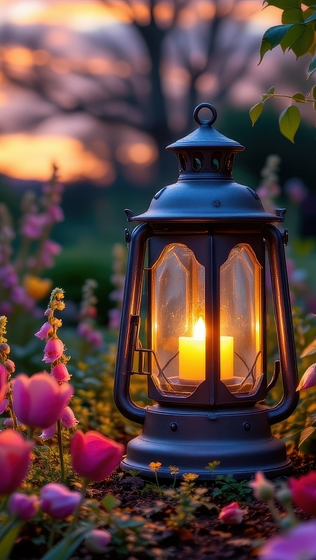 Świecący lampion obok kolorowych kwiatów