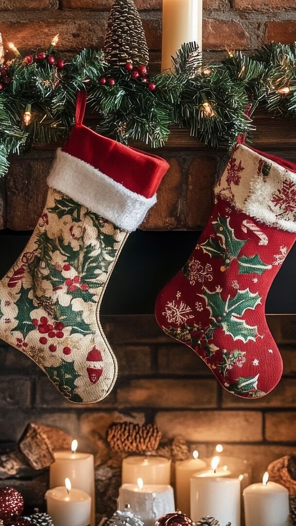Świece i skarpety na prezenty nad kominkiem