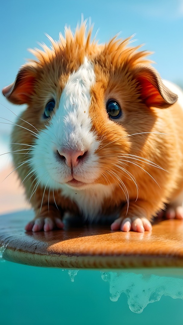 Świnka morska na desce surfingowej