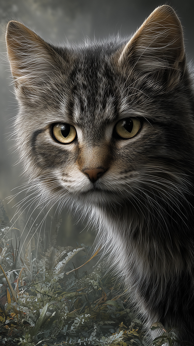 Szary kot wśród roślin