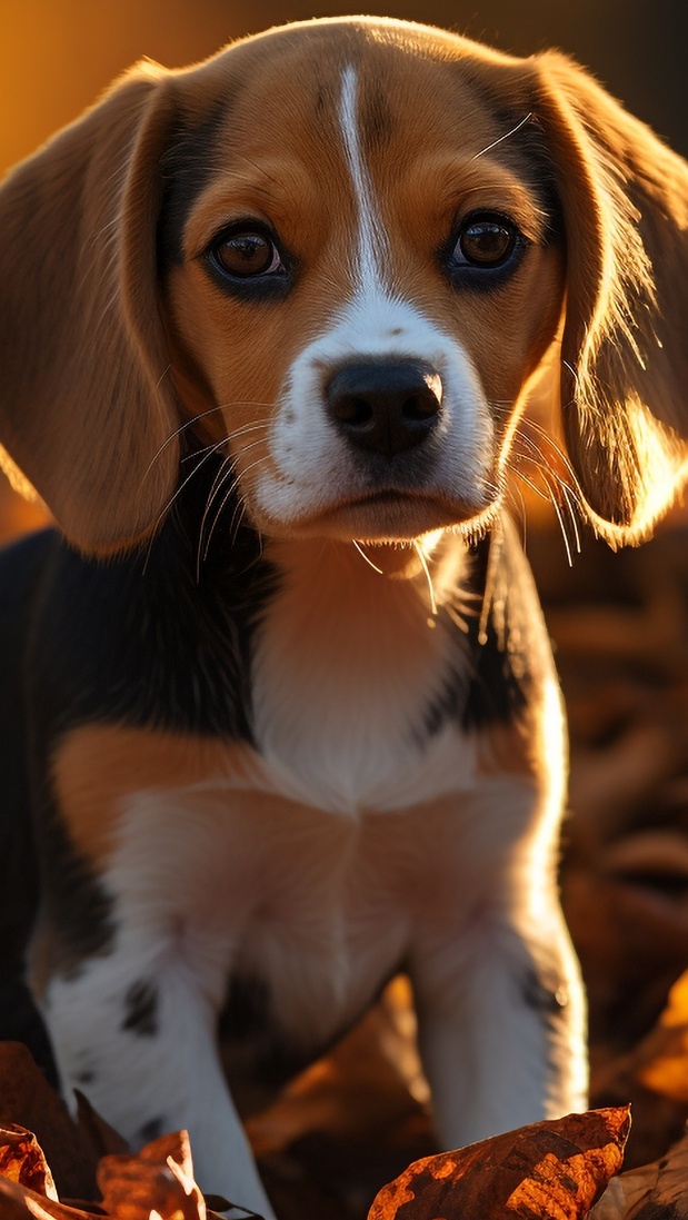 Szczeniak beagla siedzący na jesiennych liściach