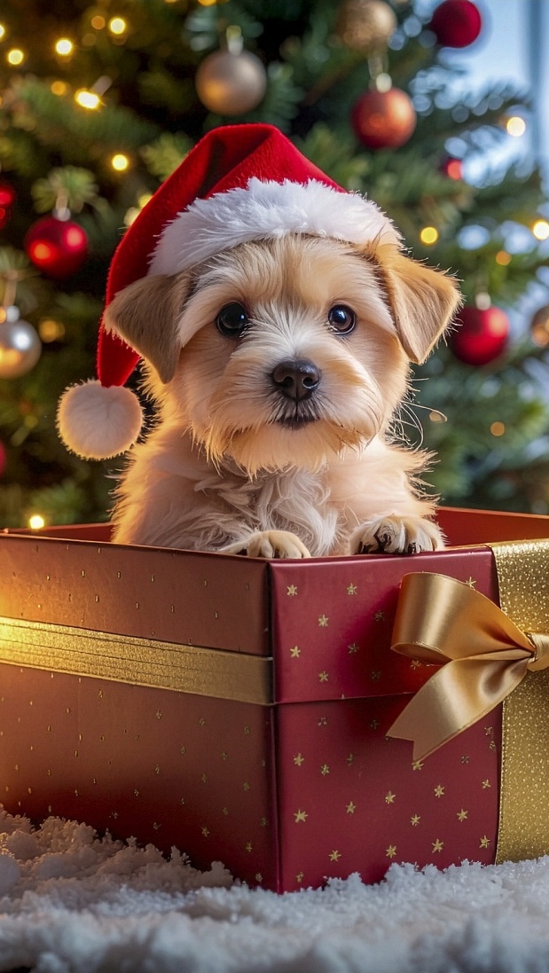 Szczeniak w czapce Mikołaja w pudełku obok choinki