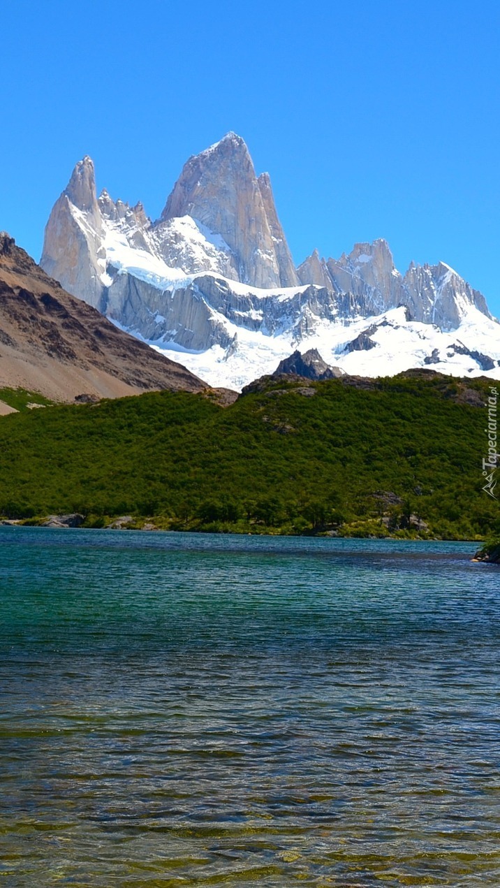 Szczyt Fitz Roy nad jeziorem w Patagonii