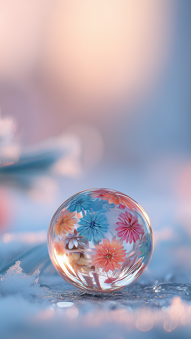 Szklana kulka z kwiatami na śniegu