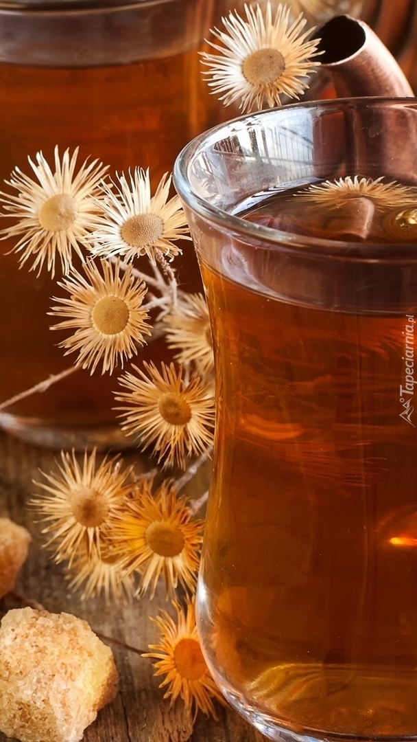 Szklanka herbaty obok suchych kwiatów