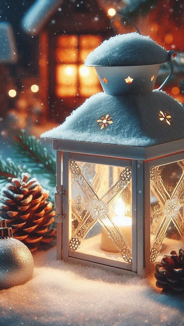 Szyszki obok zapalonego lampionu na śniegu