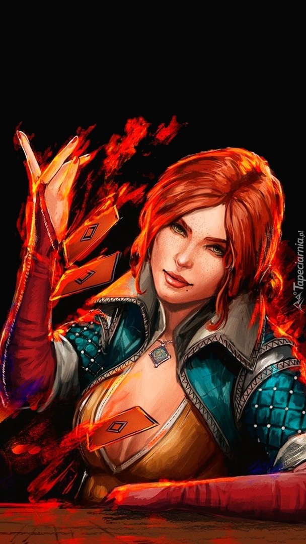 Triss Merigold z płonącymi kartami