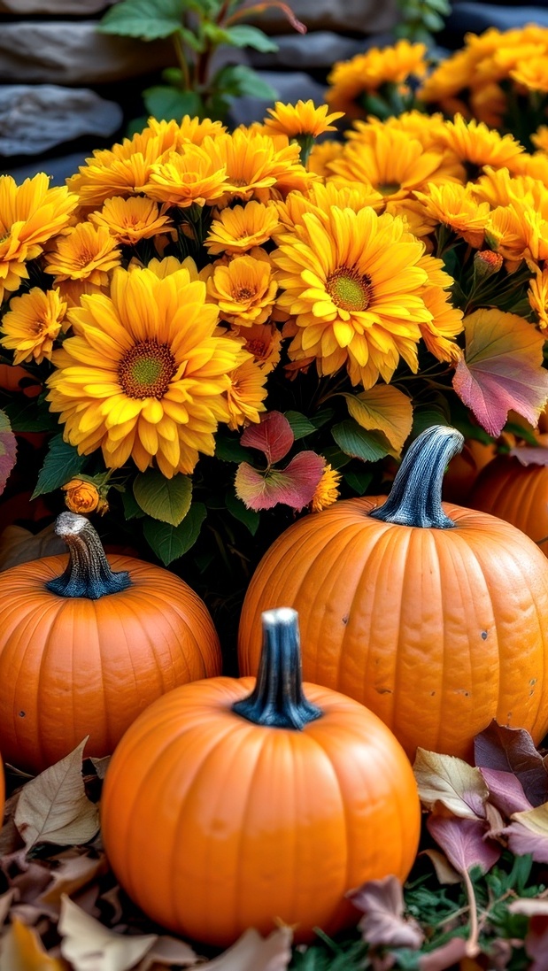 Trzy dynie przy żółtych chryzantemach