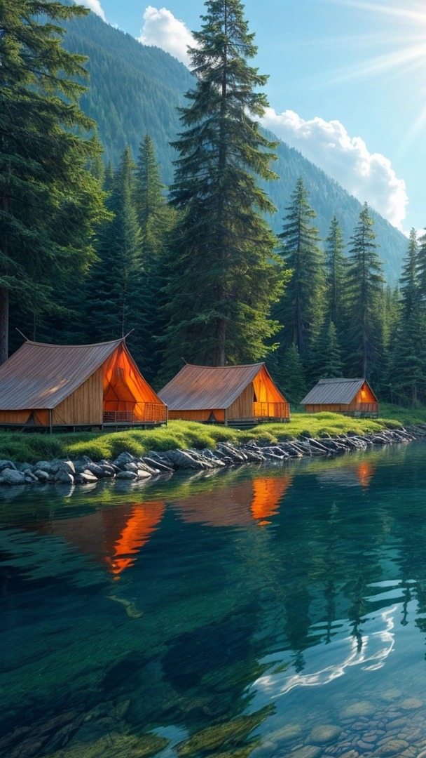 Trzy namioty na kempingu nad jeziorem na tle gór