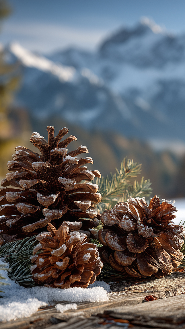 Trzy szyszki na ośnieżonej świerkowej gałązce na stole