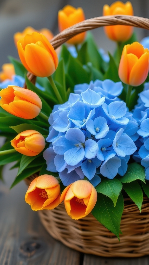 Tulipany i niebieska hortensja w koszyku