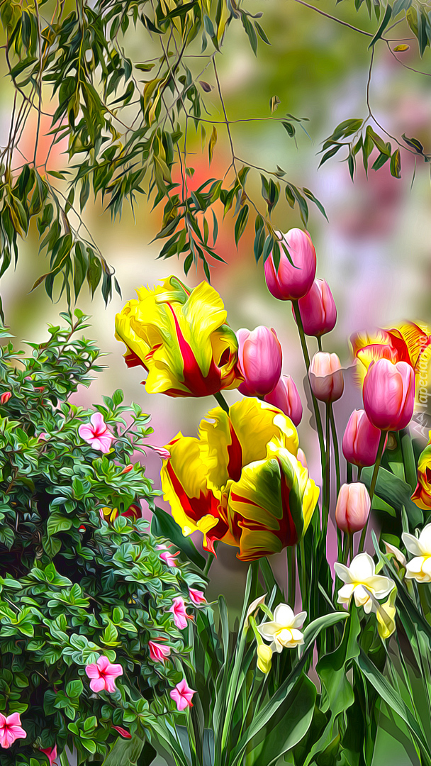 Tulipany obok krzewu w grafice