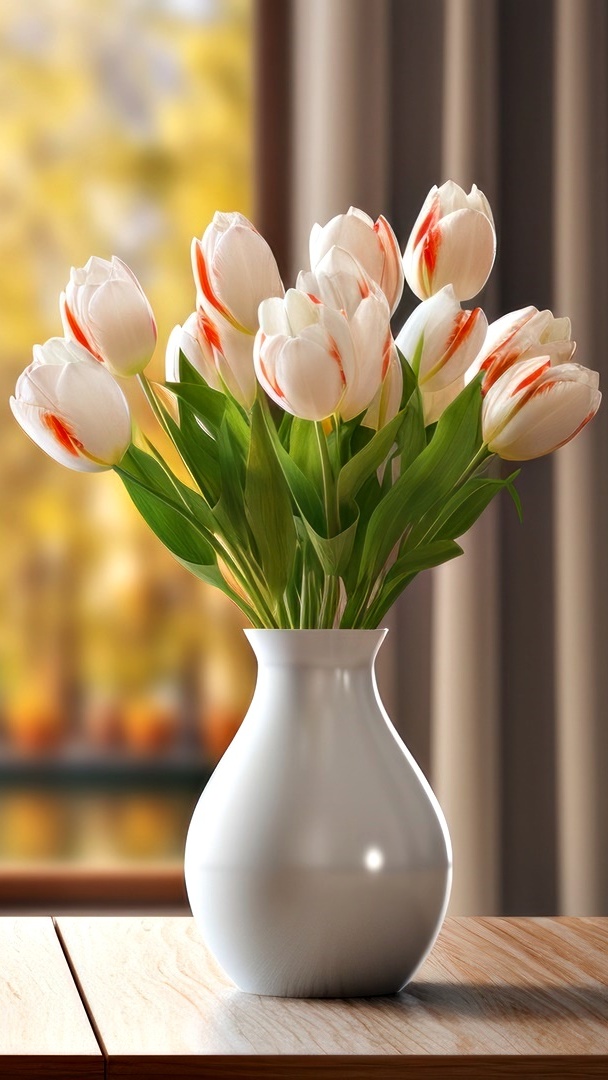 Tulipany w białym wazonie przy oknie
