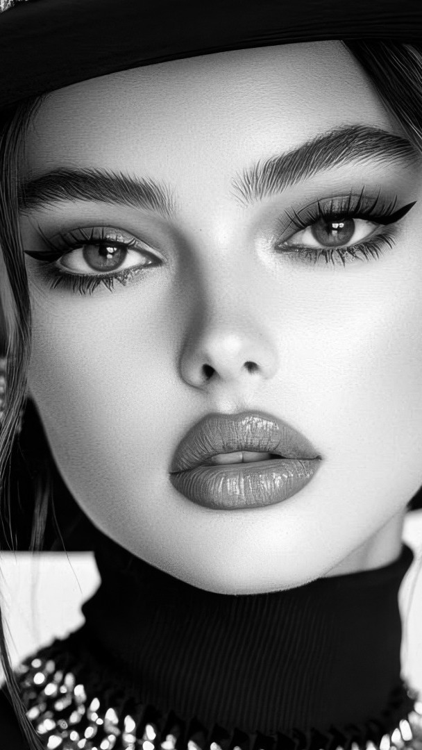 Twarz kobiety w czarnym golfie i makijażu