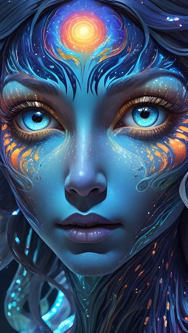 Twarz kobiety z dużymi niebieskimi oczami