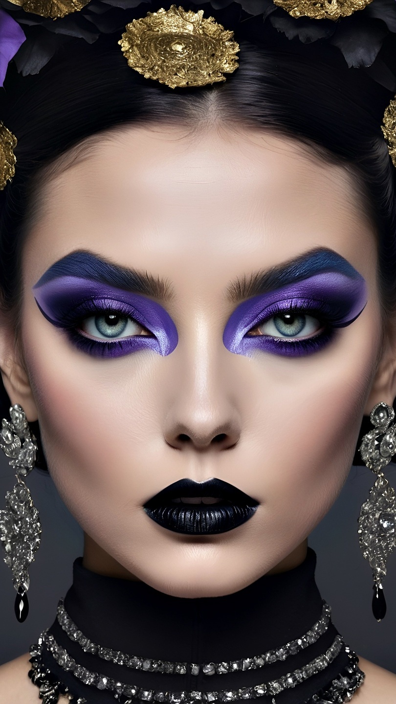 Twarz kobiety z fioletowym makijażem oraz z biżuterią