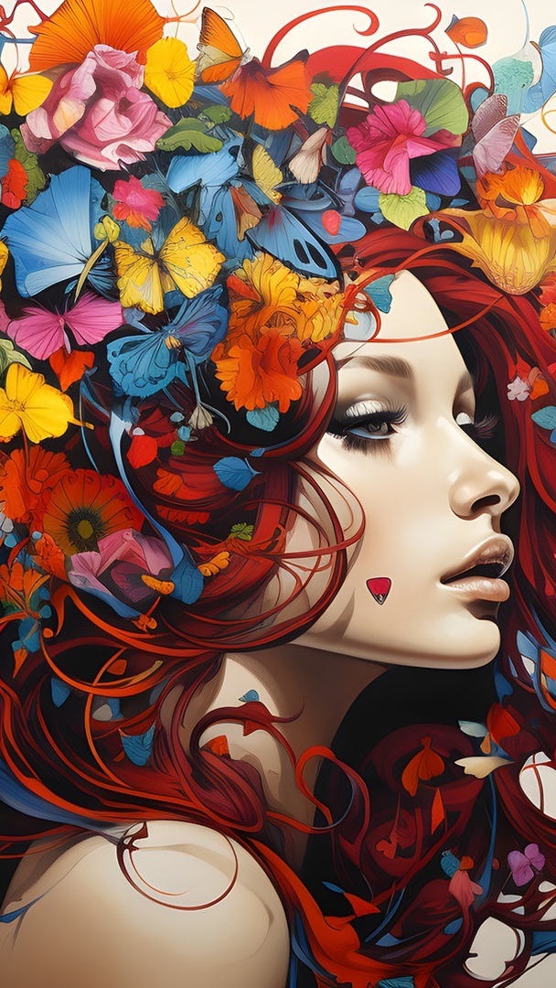 Twarz kobiety z kolorowymi kwiatkami we włosach