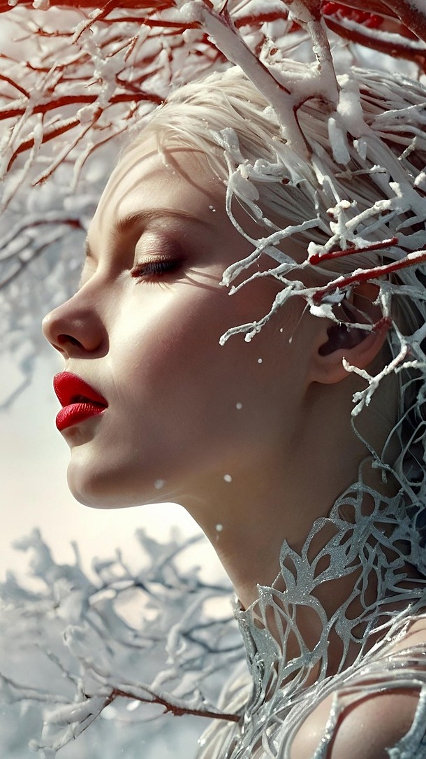 Twarz kobiety z zamkniętymi oczami wśród ośnieżonych gałązek
