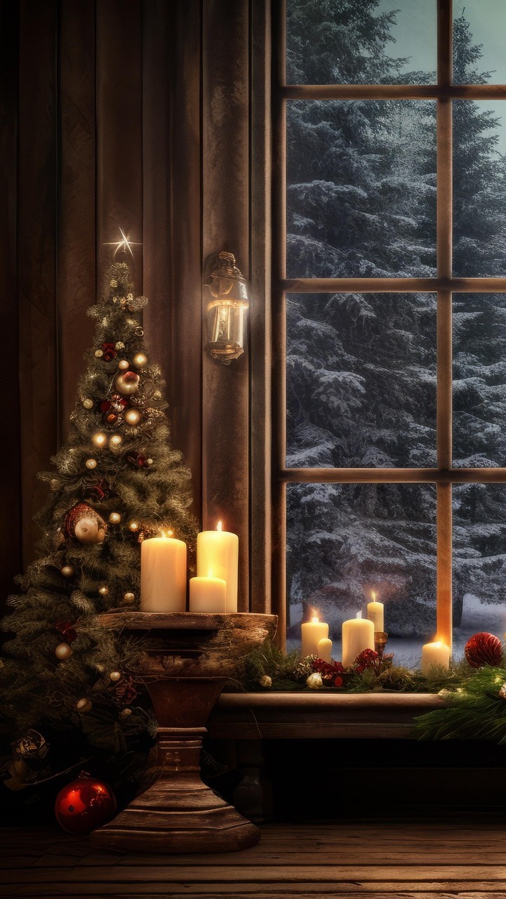 Udekorowana choinka i zapalone świece przy oknie